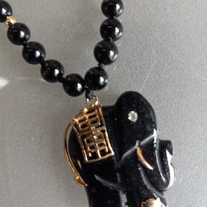 Black Elephant Lucky Pendant with Black Bead Necklace, Vintage Jewelry, Fun Funky Elephant Necklace, Elephant with Golden Accents Rhinestone