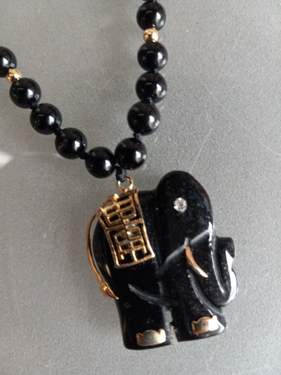 Black Elephant Lucky Pendant with Black Bead Neckl