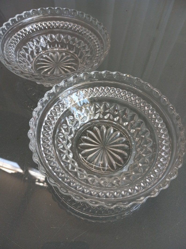 Ornate Cut Glass Bowls, Set of Two, Vintage Serving, Textured Clear