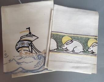 Hand Embroidered Kitchen Dish Towels, YOUR CHOICE, Vintage Linens, Rabbits, Ship on the Water, Fun Funky Towels, Shabby Chic