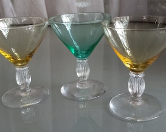 Gold and Turquoise Glass  Cocktail or Dessert Glasses with Translucent Design, Vintage Glassware, Set of Three Delicate Glasses