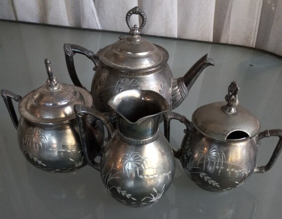 James W. Tufts Quadruple Plated Tea Set with Pot, Sugar Bowl