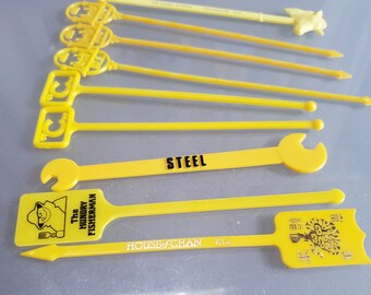 Swizzle Stick Collection in Yellow, Various Advertising Cocktail Accessories, Vintage Bar Accessories, Fun Funky Vintage Cocktail Hour