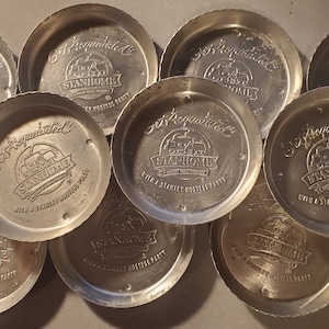 Stanhome Aluminium Untersetzer, 10er Set Untersetzer, Vintage Untersetzer, Let&#39;s Get Acquainted, Werbeartikel für Stanley Home Produkte