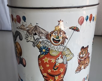 J.L. Clark Biscuit Tin Container with Circus Theme, Vintage Kitchen Décor, Clowns, Circus Animals, Balloons, Kitchen Storage, Rare