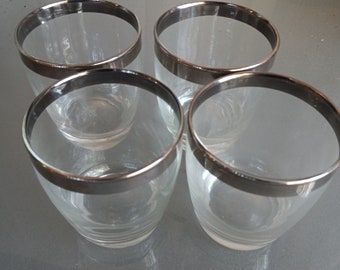Silver Rimmed Lowball Barware, Set of Four, Mid-Century Modern Style Glassware, Vintage Drinkware, Fun Funky Bar Glasses