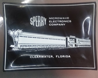 Sperry Microwave Electronics Company Smoky Glass Ashtray, Trinket Tray, Vintage Home Decor, Clearwater, Florida,