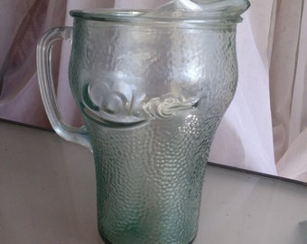 Coca-Cola Green Pebble Serving Pitcher, Vintage Kitchen, Beverage Server, Clear Green Glass Heavy Duty Pitcher, Iconic Coca-Cola Logo