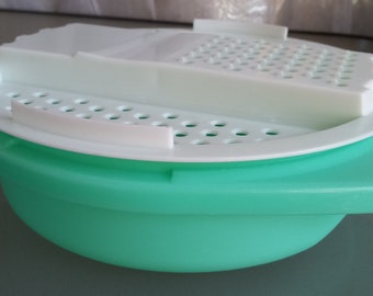 Tupperware Container with Grater, White and Green Plasticware, Vintage Kitchen, Slicer, Grater, Strainer, 786-3