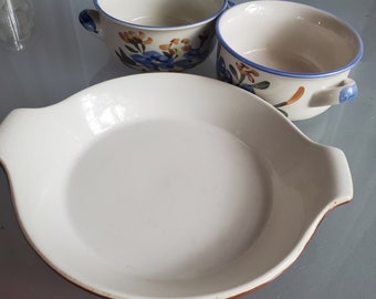 Casserole Dish Set, Random Lot, Vintage Kitchen, Baking, Soup Dishes, Hall Casserole Dish in Brown, 2 Soup Crocks with Flowers