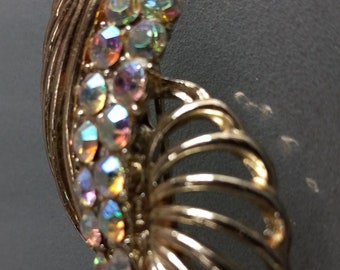 Stunning Rhinestone Brooch with Sparkle, Vintage Jewelry, Swirling Leaf Pattern with Rainbow Rhinestones, Costume Jewelry