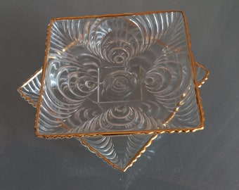 Twin Serving Bowls Trays, Vintage Serving, Candy Nut Bowls, Fun Swirled Glass Shallow Bowls with Gold Trim, Relish Trays