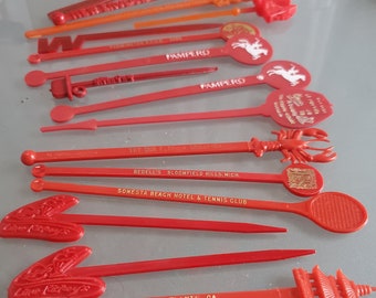 Swizzle Stick Collection in Red, Various Advertising Cocktail Accessories, Vintage Bar Accessories, Fun Funky Vintage Cocktail Hour