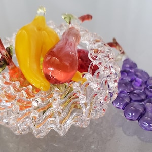 Glass Blown Fruit Basket with Tiny Fruit, Vintage Home Decor, Bananas, Grapes, Citrus, Fun Collectible Trinket