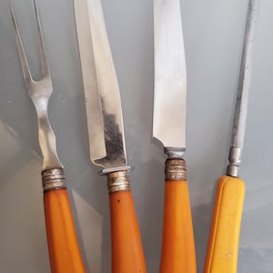 Carving Knives, Fork and Sharpener, Bakelite Handles, Stainless Steel, Vintage Kitchen Utensils, Set of 4