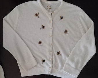 Unique Women's Vintage Cardigan with Beaded Bird Embellishments, Vintage Clothing, Ivory, Off-White, No Label, Fun Funky Sweater