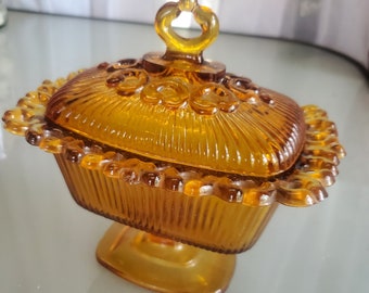 Amber Indiana Glass Candy Dish with Lid, Ornate Dish, Vintage Collectible, Lacy Design in Excellent Condition, Storage Glassware