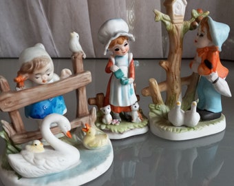 Children Figurines in Sweet Farm Settings, Not Marked, Vintage Home Décor, Nursery, Farming Stories, Swans, Geese, Kittens, Boy and Girls