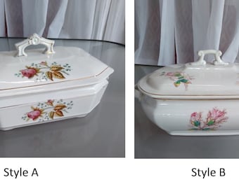 Ironstone Covered Dish, Your Choice A or B, Vintage Serving Dishes with Lids, Floral Designs, Gold Trim, Shabby Chic Dining Serving