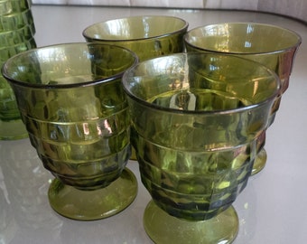 American Whitehall Indiana Glassware, Avocado Green, Priced per Set, Cubist Cut Design, Vintage Green Glassware