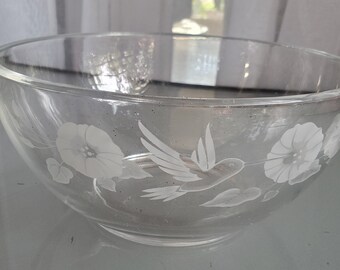 Hummingbird Serving Bowl by Avon, Large Serving Dish, Vintage Dishware, Collectible, Clear Bowl with Etched Hummingbird, Flowers