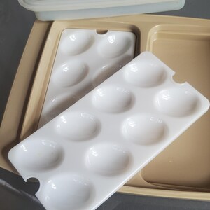 May include: A white plastic egg tray with 12 individual compartments for storing eggs. The tray is beige and has a lid.