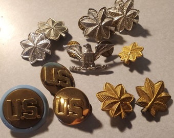 Military Pins, Set of 11 Pins of Various Ranks, World War II, Vintage Military Insignias, Silver, Gold, Brass, Eagle, U.S. Pins