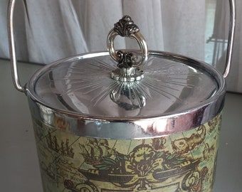 Ice Bucket with Map of the World, Vintage Barware Accessory, Travel Theme, Fun Funky Ice Bucket Atlas Silver Handle and Lid, Very Clean