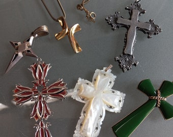Cross Pendant Collection, One with Chain Marked Trifari, Vintage Jewelry, Pewter Cross, Mother of Pearl, Red, Green, Set of Six Crosses