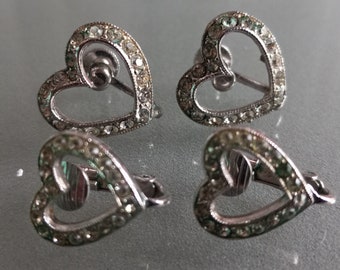 Heart-Shaped Screwback Earrings, Two Pairs with Rhinestones, Vintage Jewelery, Fun Sweetheart Fashion and Sparkly Two Sizes, 1950's