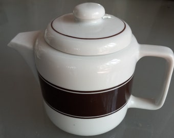 Tea for Two White Tea Pot with Brown Stripes, Vintage Kitchen, Made in Japan, Cute Little Tea Pot with Lid for Serving Hot Beverages