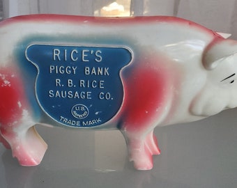 Rice's Piggy Bank, R.B. Rice Sausage Company Promo Item, Vintage Toy Funky Farmhouse Décor, Pink Pig with Blue Sign