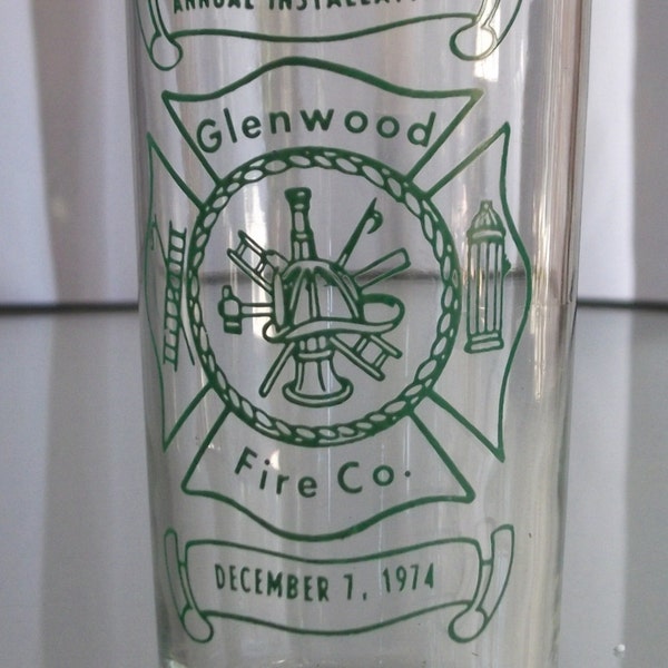 Glenwood Fire Company, Annual Installation, December 7, 1974, Vintage Barware, Highball Glass, Fire Department Memorabilia, Green Logo