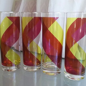 Colony Highball Tumblers, Vintage Barware, Cocktail Glasses, Cool Swirl Design, Set of Four Drinking Glasses, Yellow, Red, Clear Glass image 1