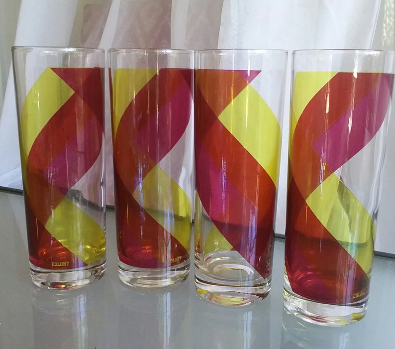 Colony Highball Tumblers, Vintage Barware, Cocktail Glasses, Cool Swirl Design, Set of Four Drinking Glasses, Yellow, Red, Clear Glass image 1