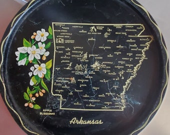 Arkansas Souvenir Metal Tray with State Map and State Flower, Apple Blossoms, Vintage Home Décor, Shabby Chic, Rustic Farmhouse, Scuffed