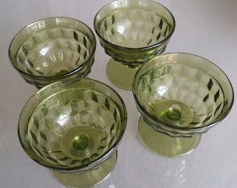 American Whitehall Indiana Glass Dessert Glasses, Avocado Green, Cubist Cut Design, Set of Four, Vintage Green Glassware