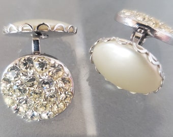 Sarah Coventry Double Sided Clip-on Earrings, Pearl and Rhinestone, Vintage Jewelry, Earrings to Fit Your Mood, Classic