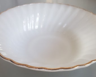Fire King Milk Glass Gold Trimmed Bowl, 8.5" Serving Bowl, Side Dish Serving, Vintage Kitchen Dinnerware