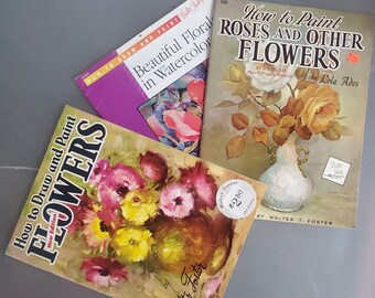 How to Art Books, Set of 3, Vintage Books, How to Draw Paint Flowers, How to Paint Roses, Beautiful Florals in Watercolor, 1980's