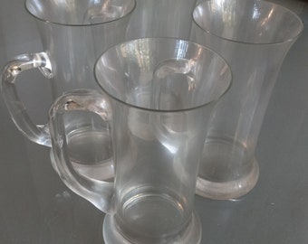 Beer Mugs, Tankards, Clear Glass Beer Glasses with Handle, Set of Four, Vintage Barware, Delicate Glassware, Drinkware