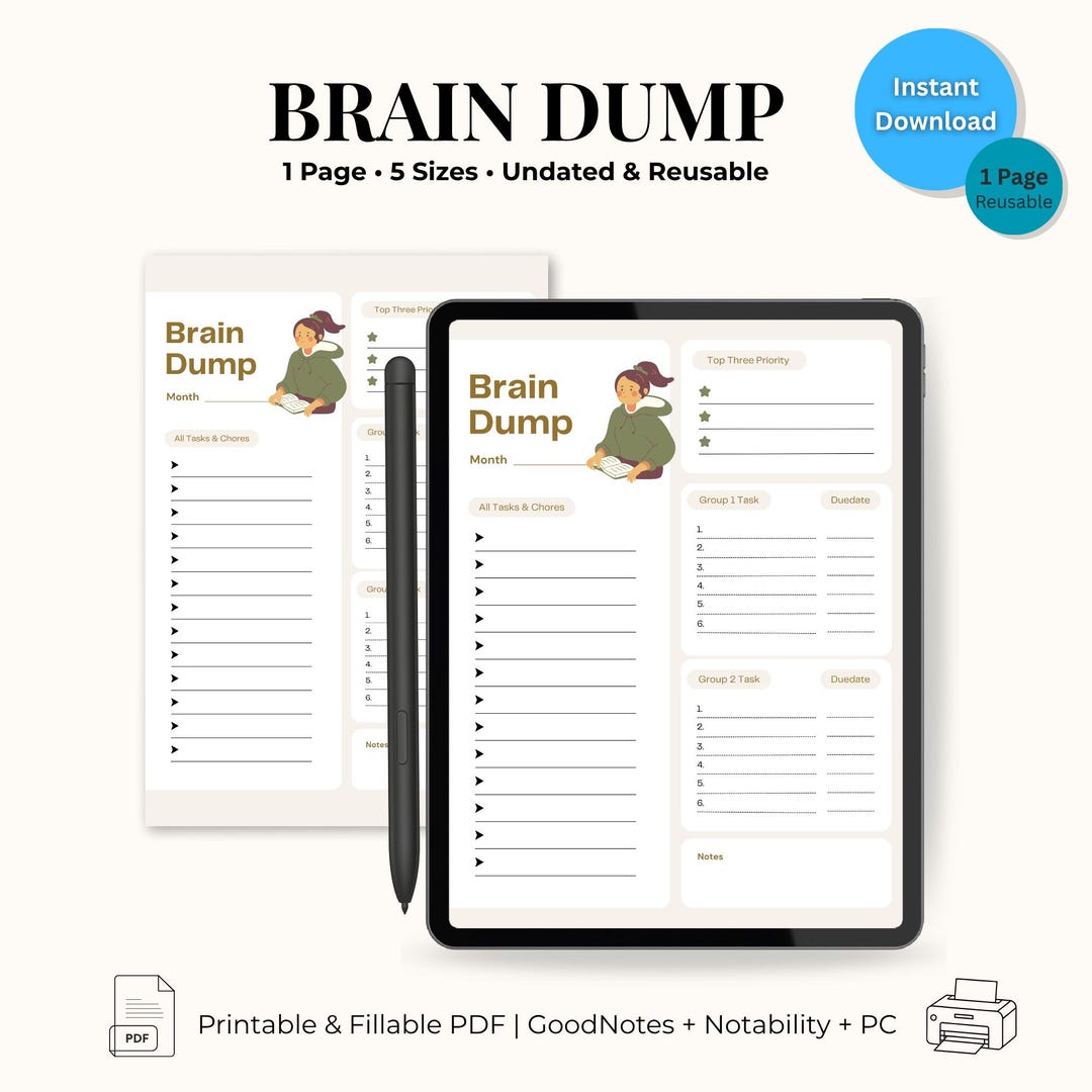 Brain Dump Planner Printable | Productivity Template | Fillable PDF for ...