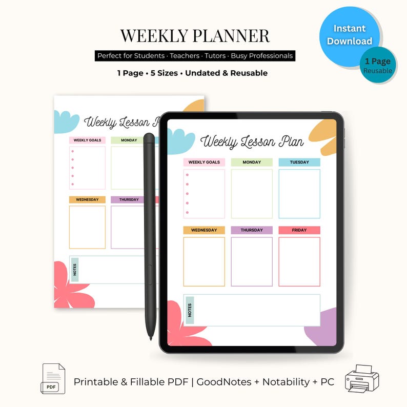 Colorful Weekly Lesson Planner: Printable Teacher Planner (PDF) - Etsy
