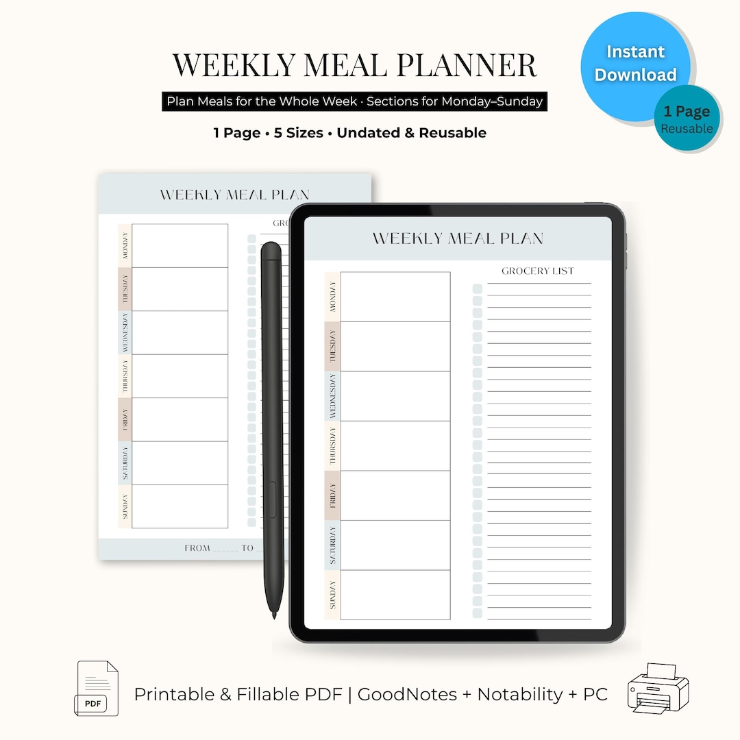 Weekly Meal Planner Printable: Fillable PDF With Grocery List (A4, A5 ...