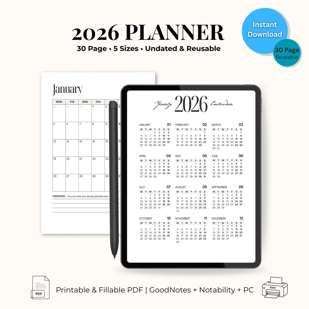 2026 Jahresplaner Printable | Minimal Black & White (ausfüllbares PDF