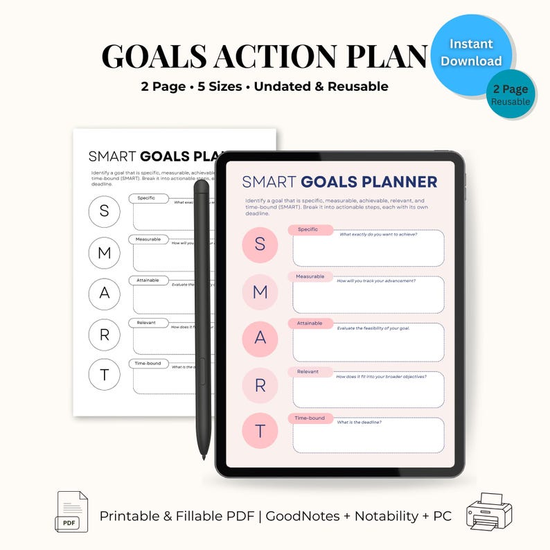 SMART Goals Planner Printable | Fillable PDF Worksheet Set - Etsy Australia