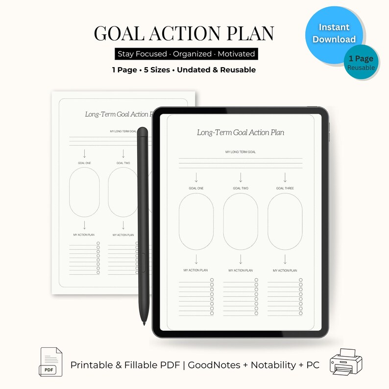 Goal Action Plan Printable: Long Term Productivity Worksheet (digital ...