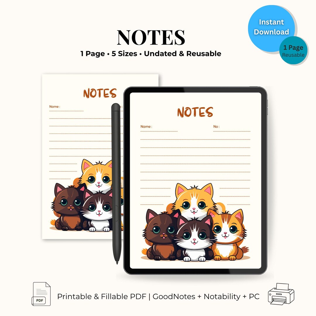Cute Cat Notes Page | Printable & Fillable PDF | Digital Note Paper for ...