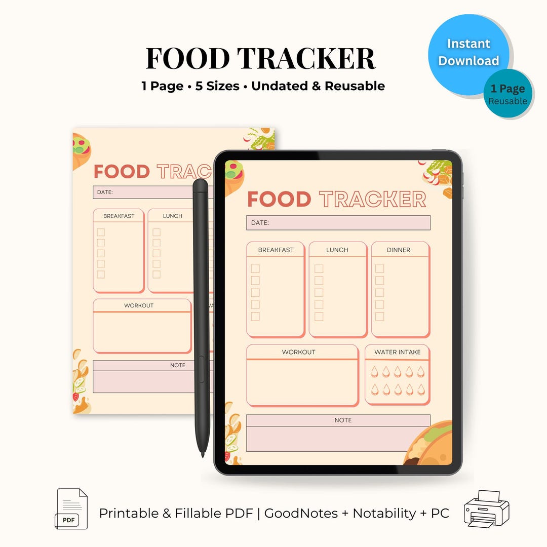 Daily Food Tracker Printable | Meal Planner, Water Intake Log (PDF ...