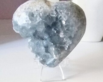 Hand-Carved Celestite Heart Crystal Cluster 150g Open Druzy Display